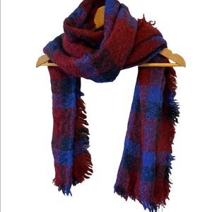 Red & Blue Plaid Frayed Large Blanket Scarf